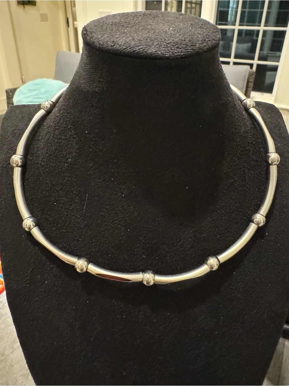 Vintage Style Silver Tone Red Enamel Inlay Tubular Beaded Necklace Boho